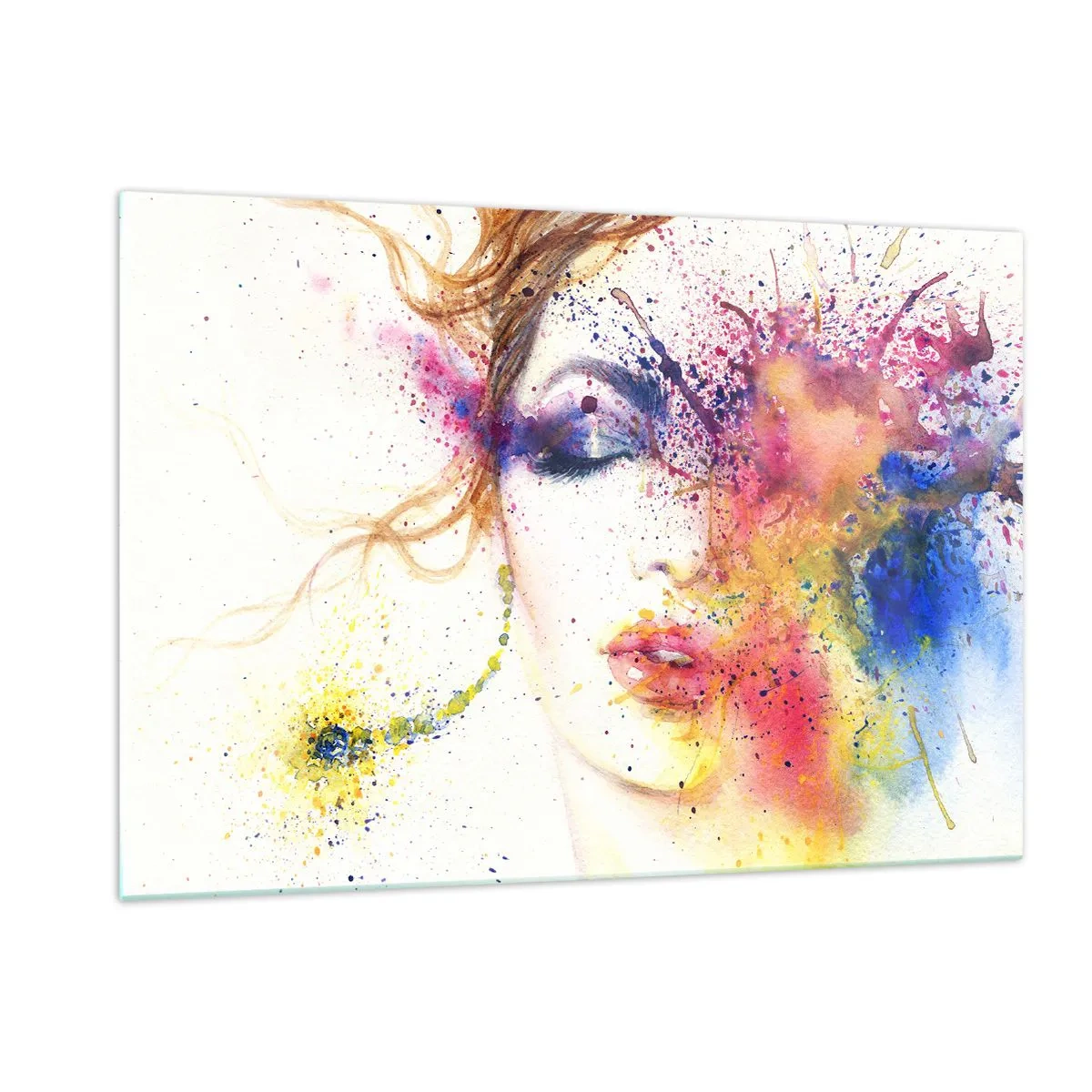 Impression sur verre - Image sur verre - Portrait abstrait d'une femme avec des éclaboussures de peinture arc-en-ciel - 120x80cm - Vertiges arc-en-ciel - Décoration murale moderne pour le salon et la chambre ARTTOR