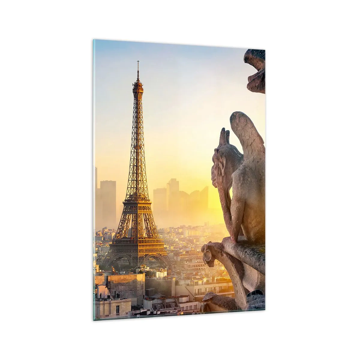 Impression sur verre - Image sur verre - Vue de la Tour Eiffel avec des gargouilles en arrière-plan - 70x100cm - Tellement de choses ont changés... - Décoration murale moderne pour le salon et la chambre ARTTOR