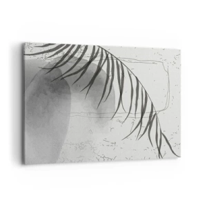 Impression sur toile - Image sur toile - Un délicat motif de feuille de palmier sur un fond clair dans un style scandinave. - 120x80cm - L'exotisme subtil de la nature - Décoration murale moderne pour le salon et la chambre ARTTOR