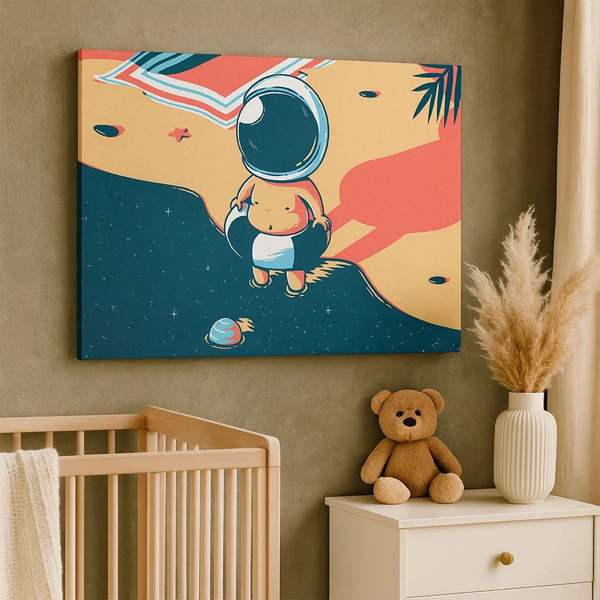 Impression sur toile - Image sur toile - Astronaute drôle sur la plage avec des éléments spatiaux en arrière-plan - 70x50cm - Suivant une autre perspective - Décoration murale moderne pour le salon et la chambre ARTTOR