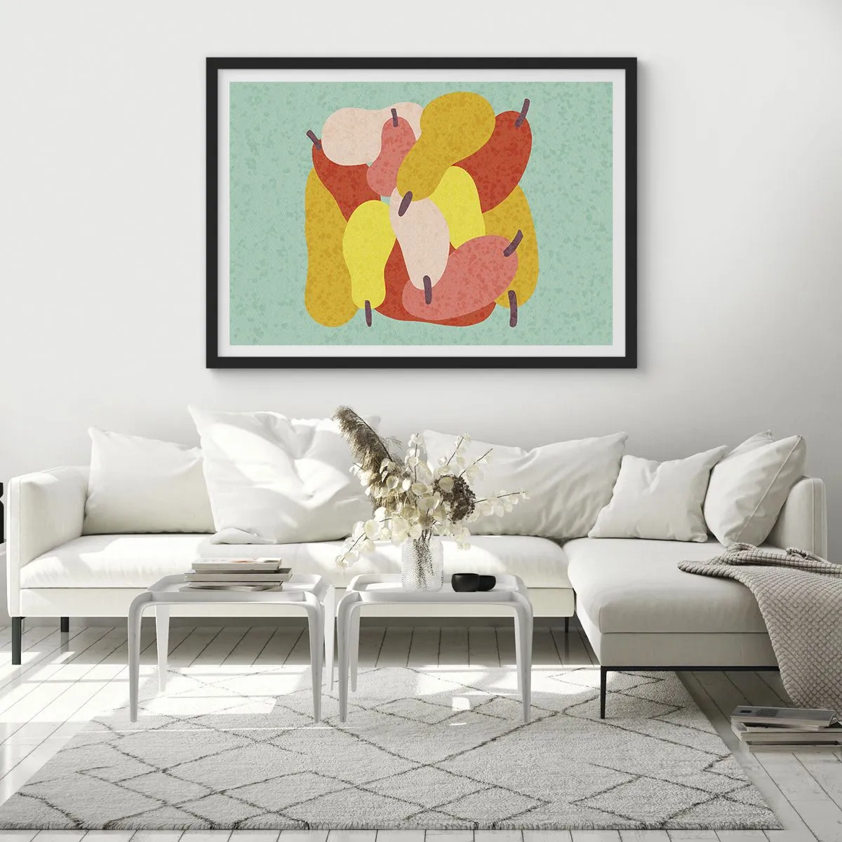 Affiche dans un cadre noir - Poster - Poires abstraites colorées sur fond vert - 70x50cm - Essayez le soleil d'été - Décoration murale moderne pour le salon et la chambre ARTTOR