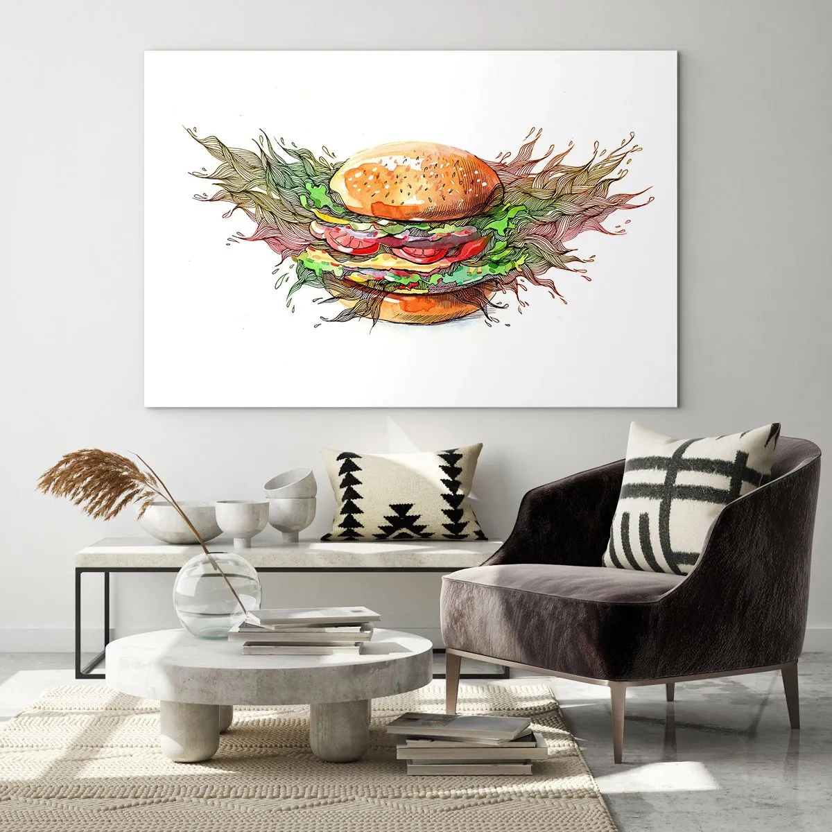 Impression sur verre - Image sur verre - Dessin artistique d'un hamburger avec des détails à l'aquarelle - 100x70cm - Tentation chaude - Décoration murale moderne pour le salon et la chambre ARTTOR