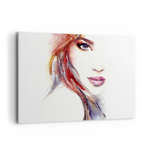 Impression sur toile - Image sur toile - Une aquarelle subtile du visage d'une femme au regard expressif. - 120x80cm - Vademecum - suivez-moi - Décoration murale moderne pour le salon et la chambre ARTTOR