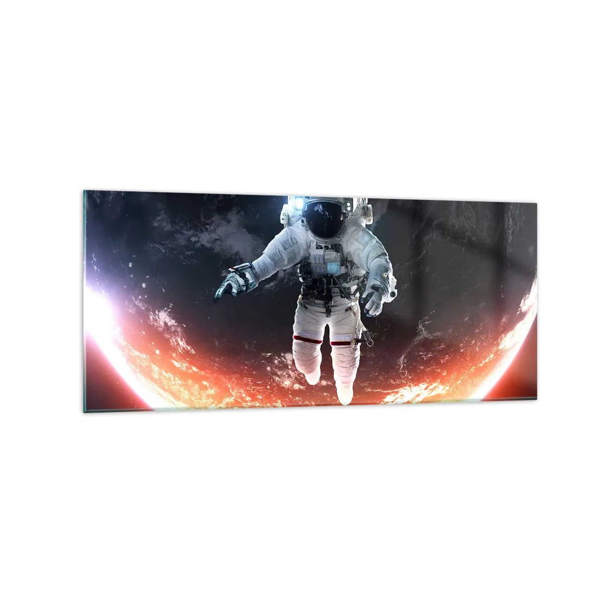 Impression sur verre - Image sur verre - Un astronaute flottant au-dessus d'une Terre éclairée par le soleil - 120x50cm - Puis-je rester un peu plus longtemps ? - Décoration murale moderne pour le salon et la chambre ARTTOR