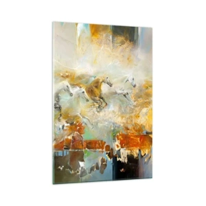 Impression sur verre - Image sur verre - Des chevaux artistiques dans un cadre dynamique et coloré - 80x120cm - Au galop vers la lumière - Décoration murale moderne pour le salon et la chambre ARTTOR