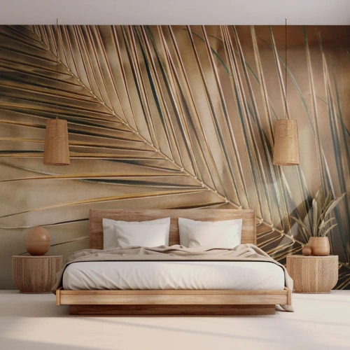 Papier Peint Photo Premium Sand - Colonnade naturelle - Feuille de palmier, Graphique, Tropiques - 350x256 cm