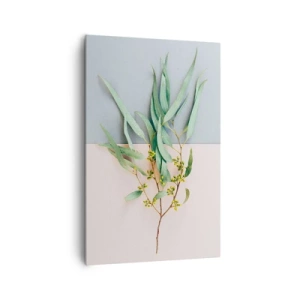 Impression sur toile - Image sur toile - Une branche avec des feuilles sur un fond de tons pastel - 80x120cm - Subtilité pastel - Décoration murale moderne pour le salon et la chambre ARTTOR