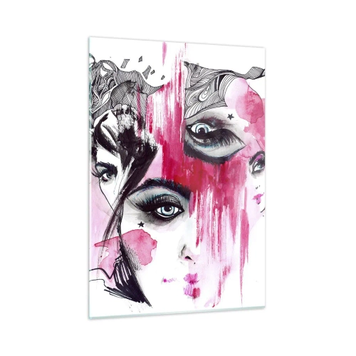 Impression sur verre - Image sur verre - Visages féminins abstraits avec des accents roses dans un style croquis. - 50x70cm - Yeux abstraits - Décoration murale moderne pour le salon et la chambre ARTTOR