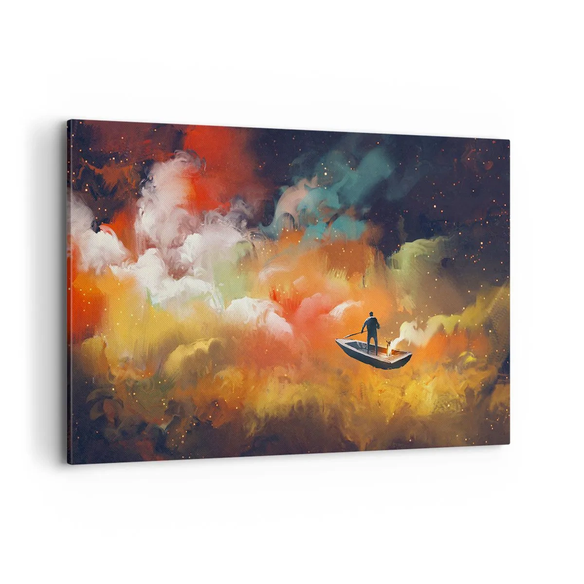 Impression sur toile - Image sur toile - Une silhouette dans un bateau sur un fond de nuages colorés - 120x80cm - En bateau à travers la galaxie - Décoration murale moderne pour le salon et la chambre ARTTOR