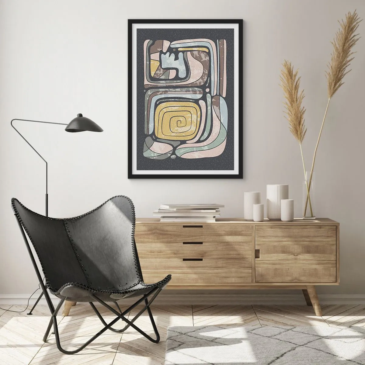 Affiche dans un cadre noir - Poster - Œuvre d'art abstraite avec des motifs géométriques dans des tons terreux - 50x70cm - L'abstraction dans l'esprit précolombien - Décoration murale moderne pour le salon et la chambre ARTTOR