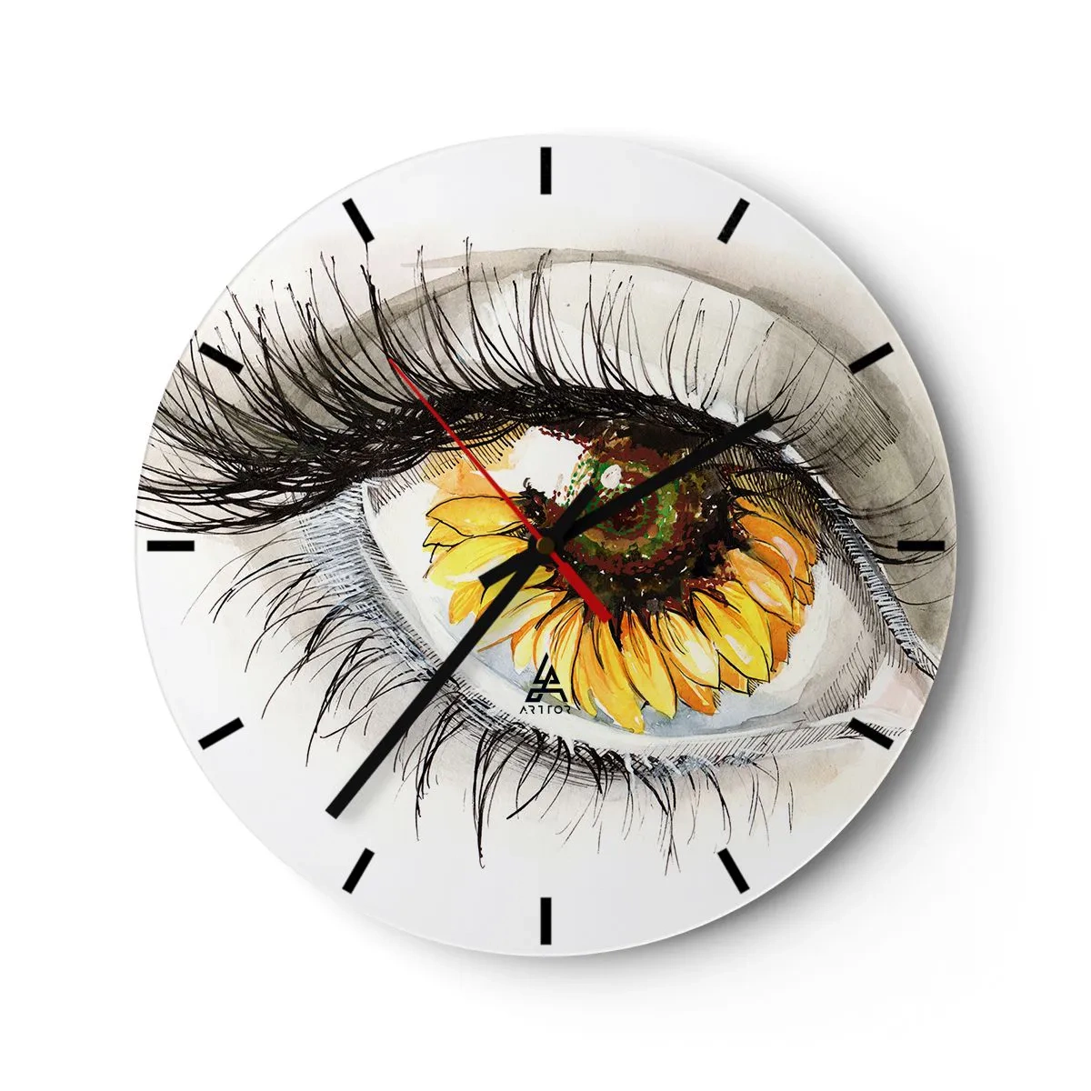 Horloge murale - Pendule murale - Œil artistique avec un motif de tournesol - 30x30cm - Un look aussi chaud que l'été - Décoration murale moderne pour le salon, la cuisine et la chambre ARTTOR