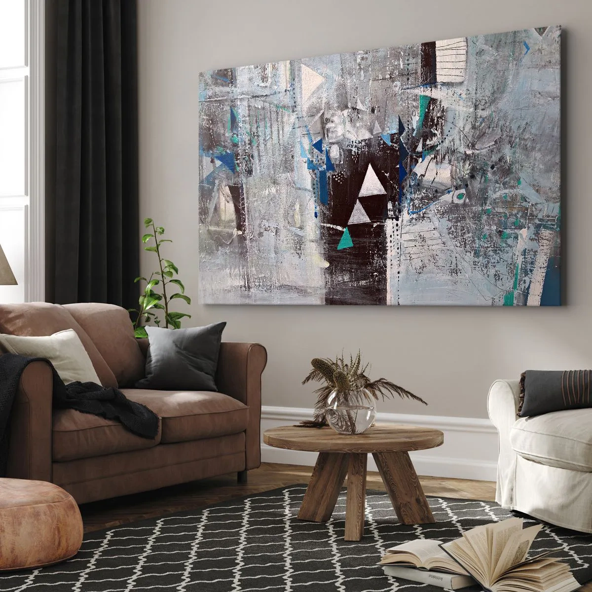 Impression sur toile - Image sur toile - Composition abstraite avec des triangles et des motifs géométriques - 120x80cm - Ordre prioritaire des triangles - Décoration murale moderne pour le salon et la chambre ARTTOR
