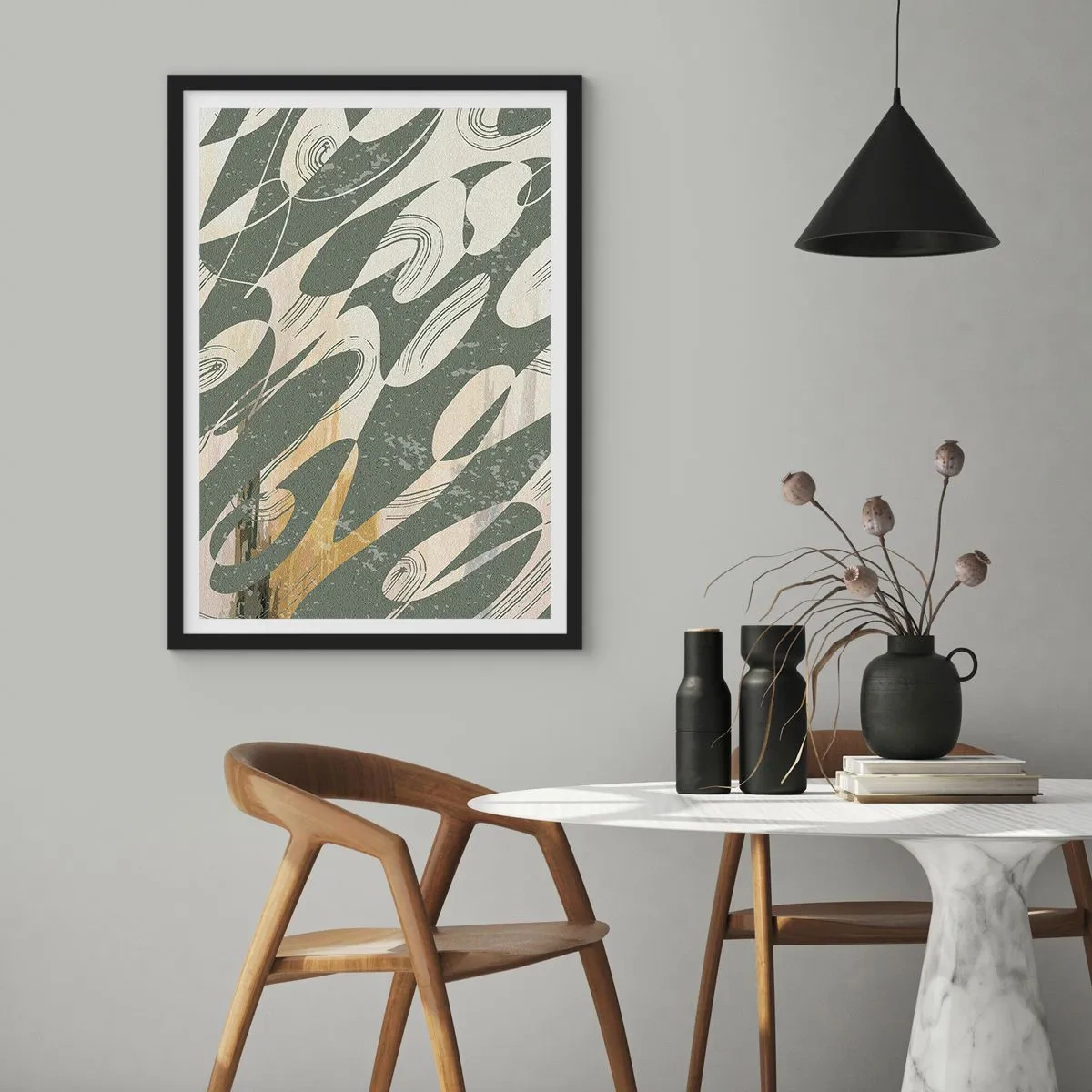 Affiche dans un cadre noir - Poster - Une composition abstraite de formes organiques en vert et beige. - 50x70cm - Abstraction rythmique - Décoration murale moderne pour le salon et la chambre ARTTOR