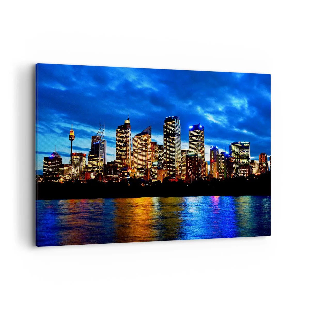Impression sur toile - Image sur toile - Panorama de la ville nocturne avec des gratte-ciel illuminés au-dessus de l'eau - 120x80cm - Une nuit de lumières et de couleurs - Décoration murale moderne pour le salon et la chambre ARTTOR