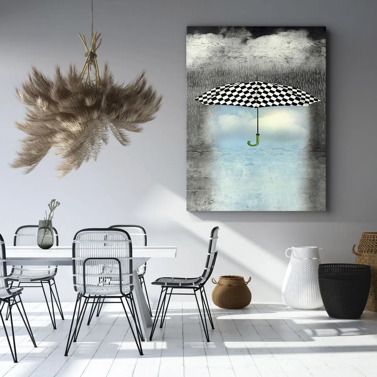 Impression sur toile - Image sur toile - Un parapluie à carreaux sur un paysage pluvieux - 70x100cm - Et pourtant c'est possible - Décoration murale moderne pour le salon et la chambre ARTTOR