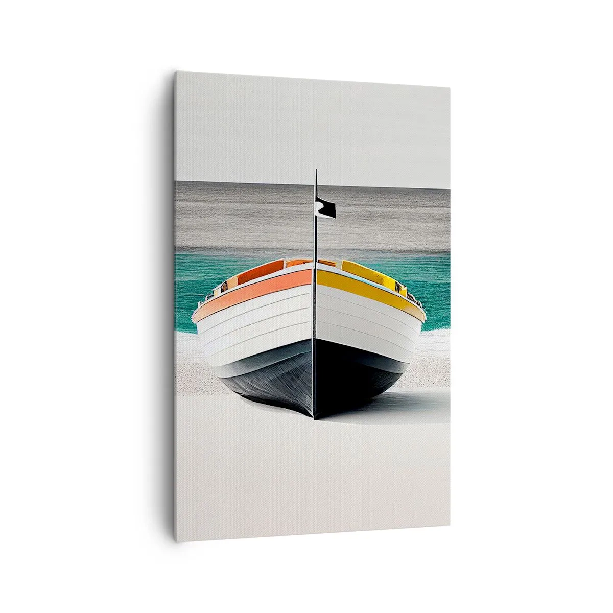 Impression sur toile - Image sur toile - Un bateau sur la plage avec une mer turquoise en arrière-plan - 80x120cm - A sa place - Décoration murale moderne pour le salon et la chambre ARTTOR