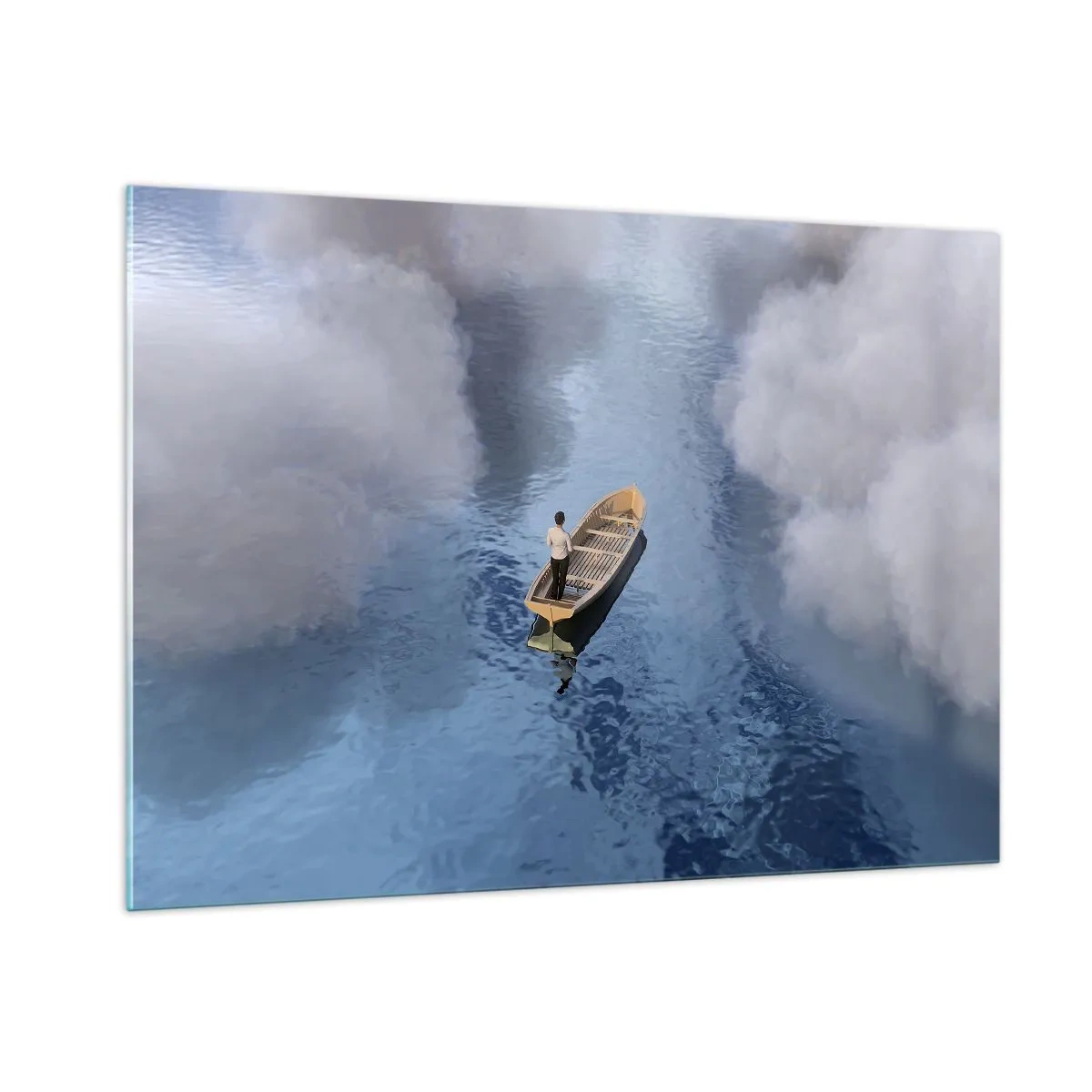 Impression sur verre - Image sur verre - Un homme dans un bateau naviguant sur l'eau parmi les nuages - 100x70cm - Vie – voyage – inconnu - Décoration murale moderne pour le salon et la chambre ARTTOR