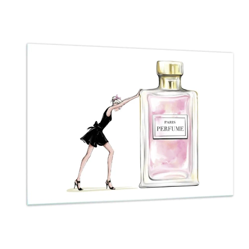 Impression sur verre - Image sur verre - Une femme en robe noire à côté d'un grand flacon de parfum - 120x80cm - L'essence des femmes - Décoration murale moderne pour le salon et la chambre ARTTOR