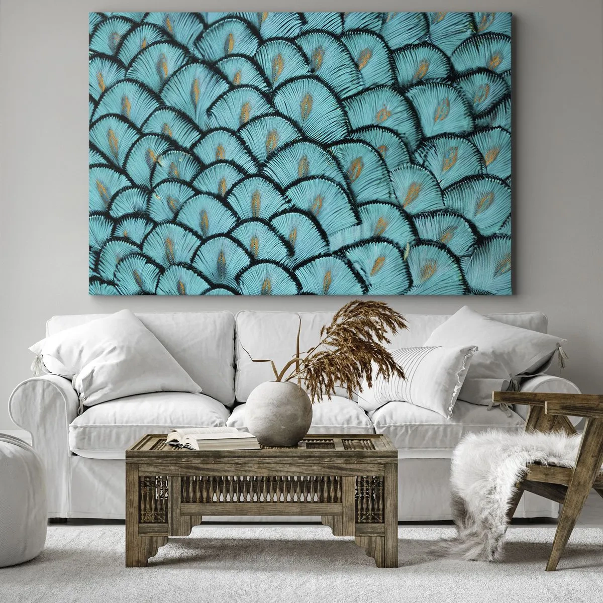 Impression sur toile - Image sur toile - Un motif ressemblant à des écailles turquoise avec des accents dorés - 70x50cm - Le grand gala des plumes - Décoration murale moderne pour le salon et la chambre ARTTOR
