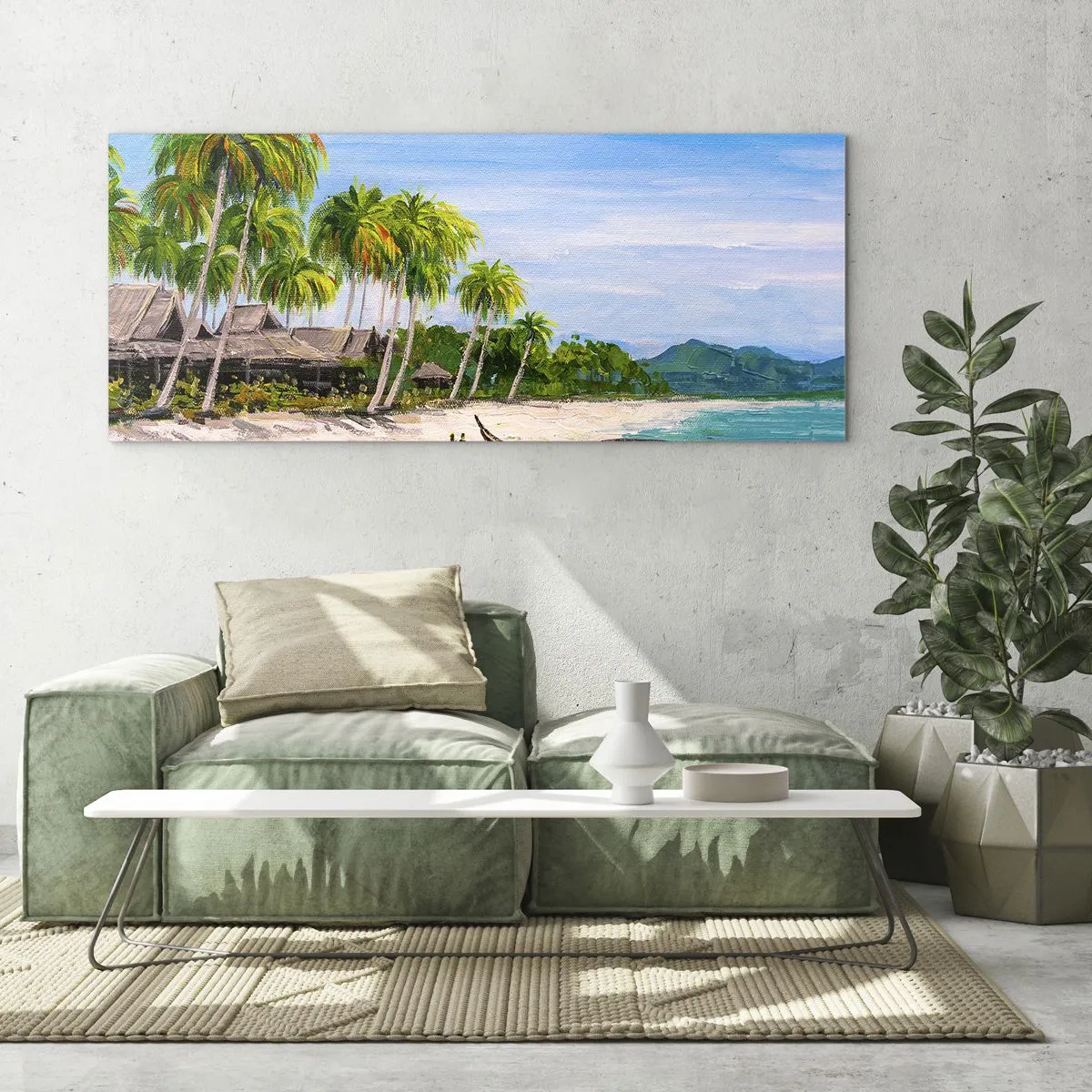 Impression sur verre - Image sur verre - Une plage exotique avec des palmiers et un bateau sur le rivage - 140x50cm - Rêve exotique - Décoration murale moderne pour le salon et la chambre ARTTOR