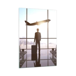 Impression sur verre - Image sur verre - Un homme avec une valise à l'aéroport regardant un avion décoller. - 50x70cm - Vous avez le temps, ralentissez - Décoration murale moderne pour le salon et la chambre ARTTOR