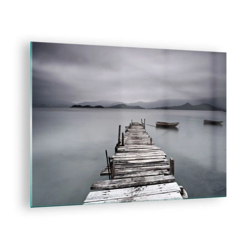 Impression sur verre - Image sur verre - Une jetée en bois sur un lac par temps brumeux - 70x50cm - Tu peux partir demain - Décoration murale moderne pour le salon et la chambre ARTTOR