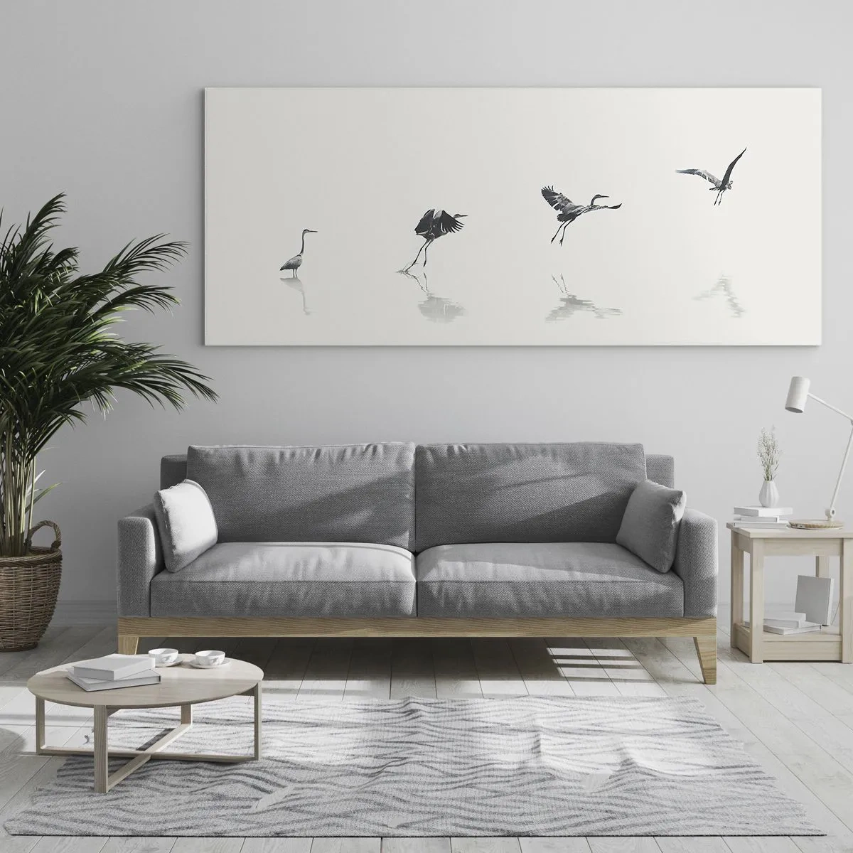 Impression sur verre - Image sur verre - Quatre silhouettes d'oiseaux se reflètent dans l'eau calme - 160x50cm - Quatre étapes simples - Décoration murale moderne pour le salon et la chambre ARTTOR
