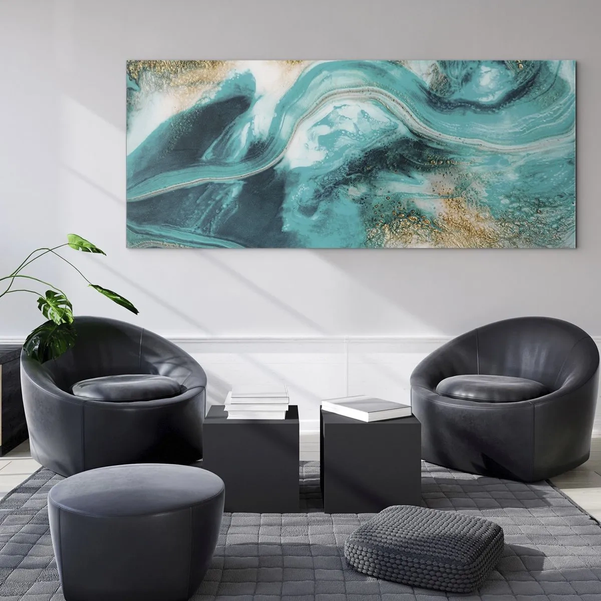 Impression sur verre - Image sur verre - Abstraction turquoise avec des accents blancs et dorés - 120x50cm - Rivière d'or - Décoration murale moderne pour le salon et la chambre ARTTOR