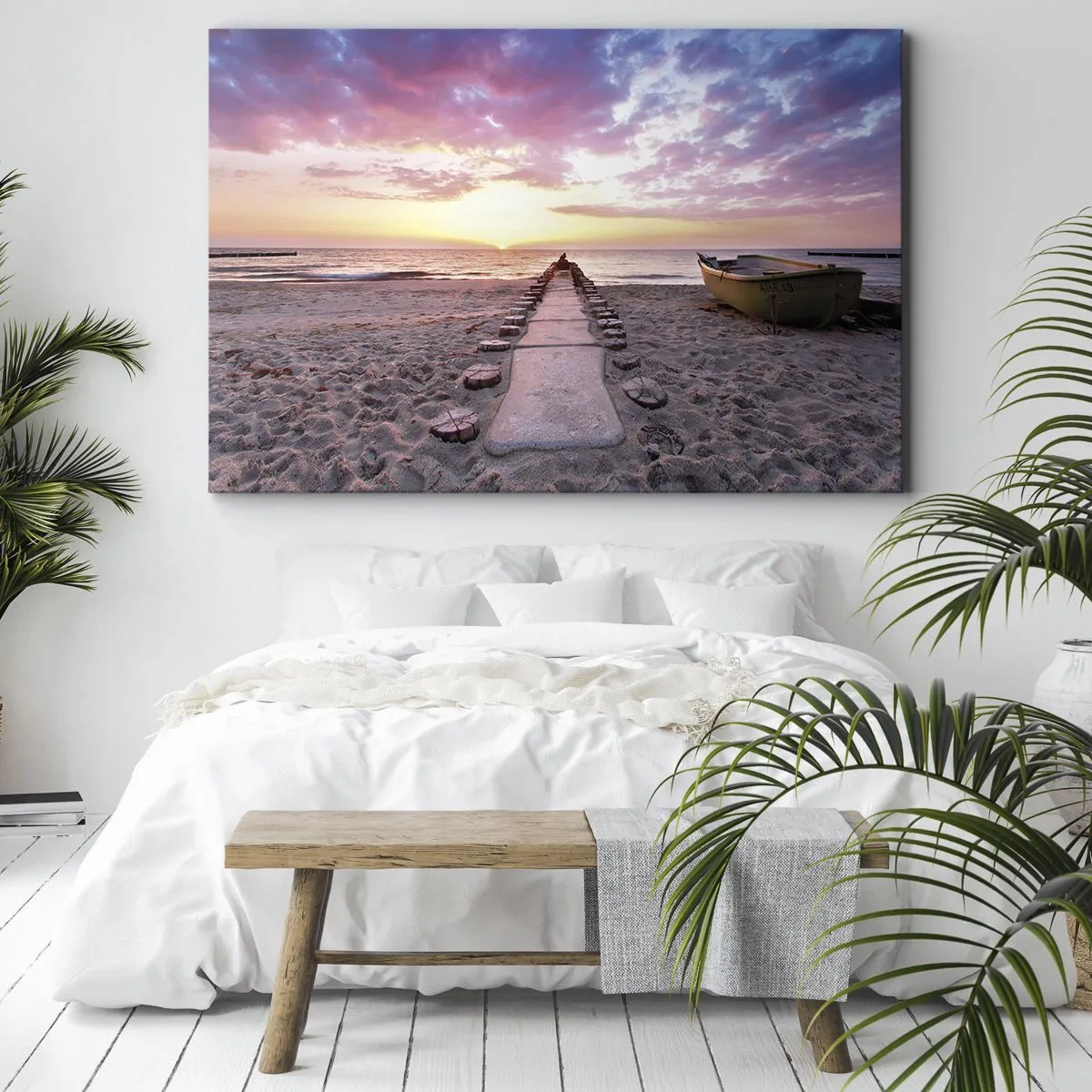 Impression sur toile - Image sur toile - Plage au lever du soleil avec bateau et jetée - 100x70cm - Moment d'expérience profonde - Décoration murale moderne pour le salon et la chambre ARTTOR