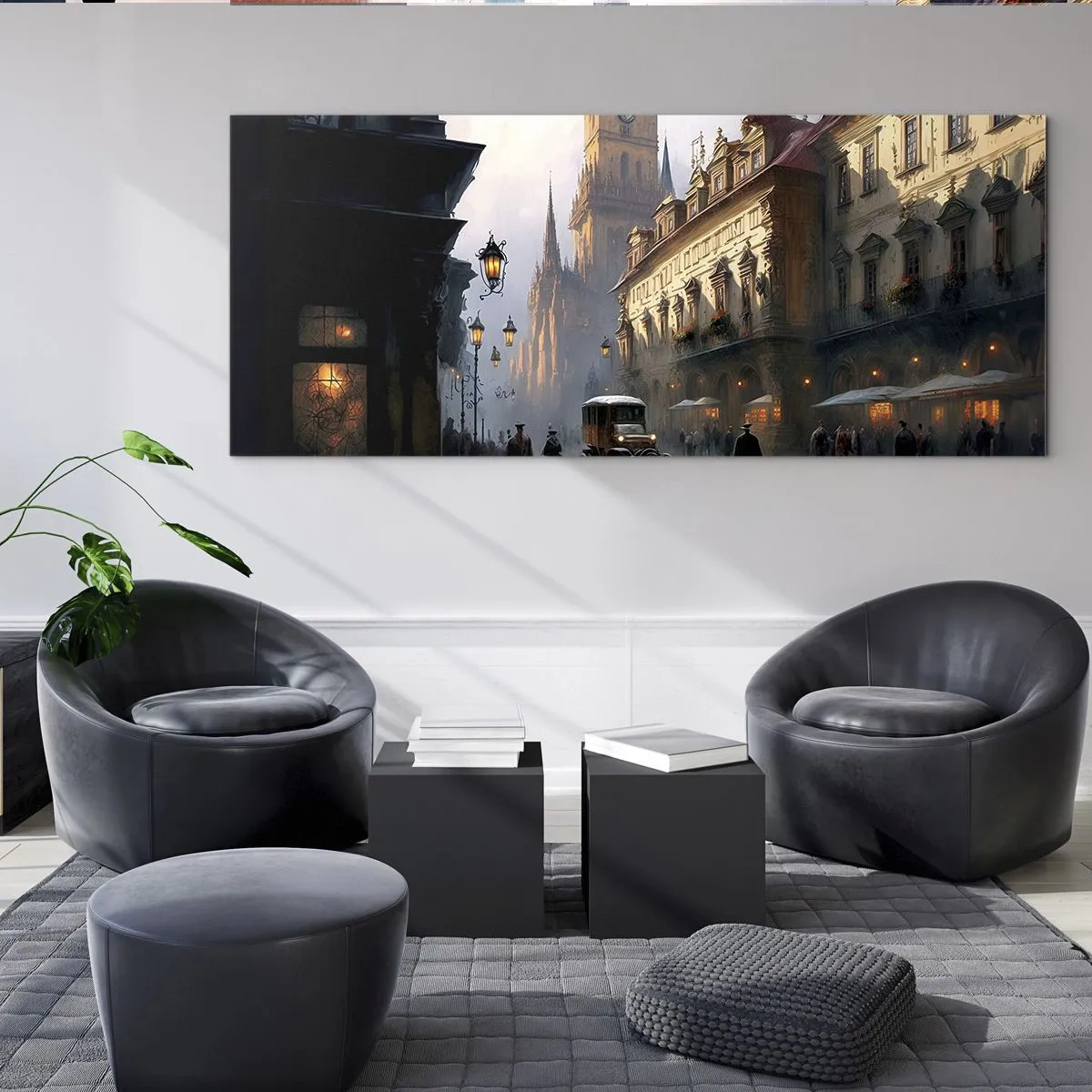 Impression sur verre - Image sur verre - Scène de rue en soirée avec une architecture historique - 160x50cm - Le charme d'une soirée pragoise - Décoration murale moderne pour le salon et la chambre ARTTOR