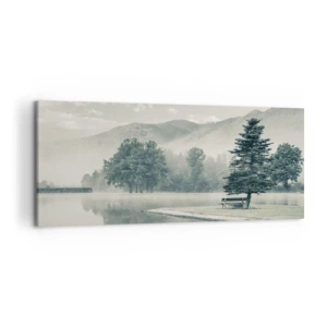 Impression sur toile - Image sur toile - Un lac pittoresque avec un banc et du brouillard en arrière-plan - 120x50cm - Le lac dort encore - Décoration murale moderne pour le salon et la chambre ARTTOR
