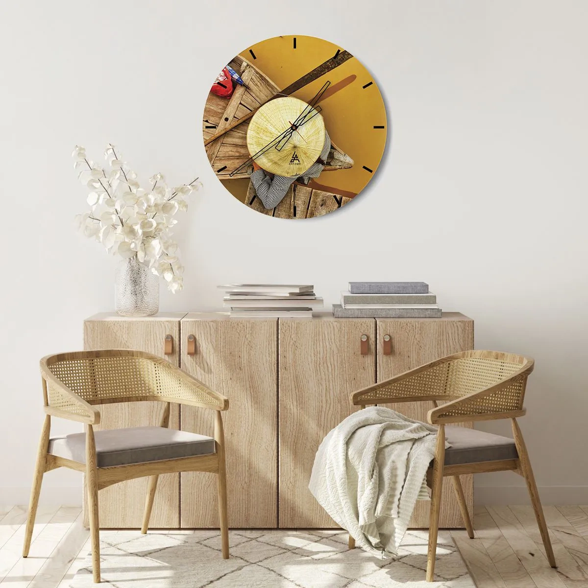Horloge murale - Pendule murale - Personne portant un chapeau sur un bateau en bois sur la rivière Jaune - 30x30cm - La vie sur le fleuve Jaune - Décoration murale moderne pour le salon, la cuisine et la chambre ARTTOR