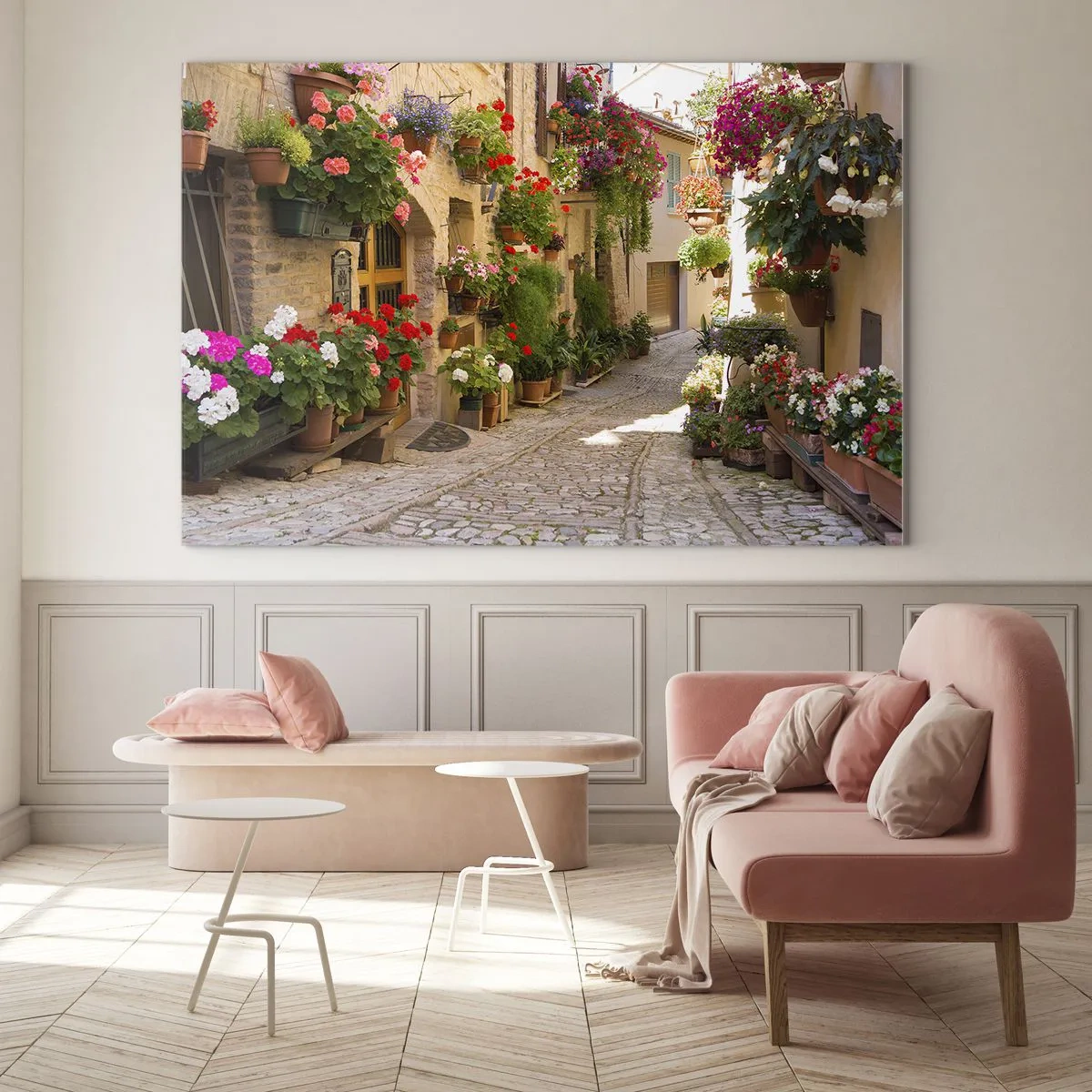 Impression sur verre - Image sur verre - Une rue pittoresque avec des fleurs en pot - 100x70cm - Une inondation de fleurs  - Décoration murale moderne pour le salon et la chambre ARTTOR