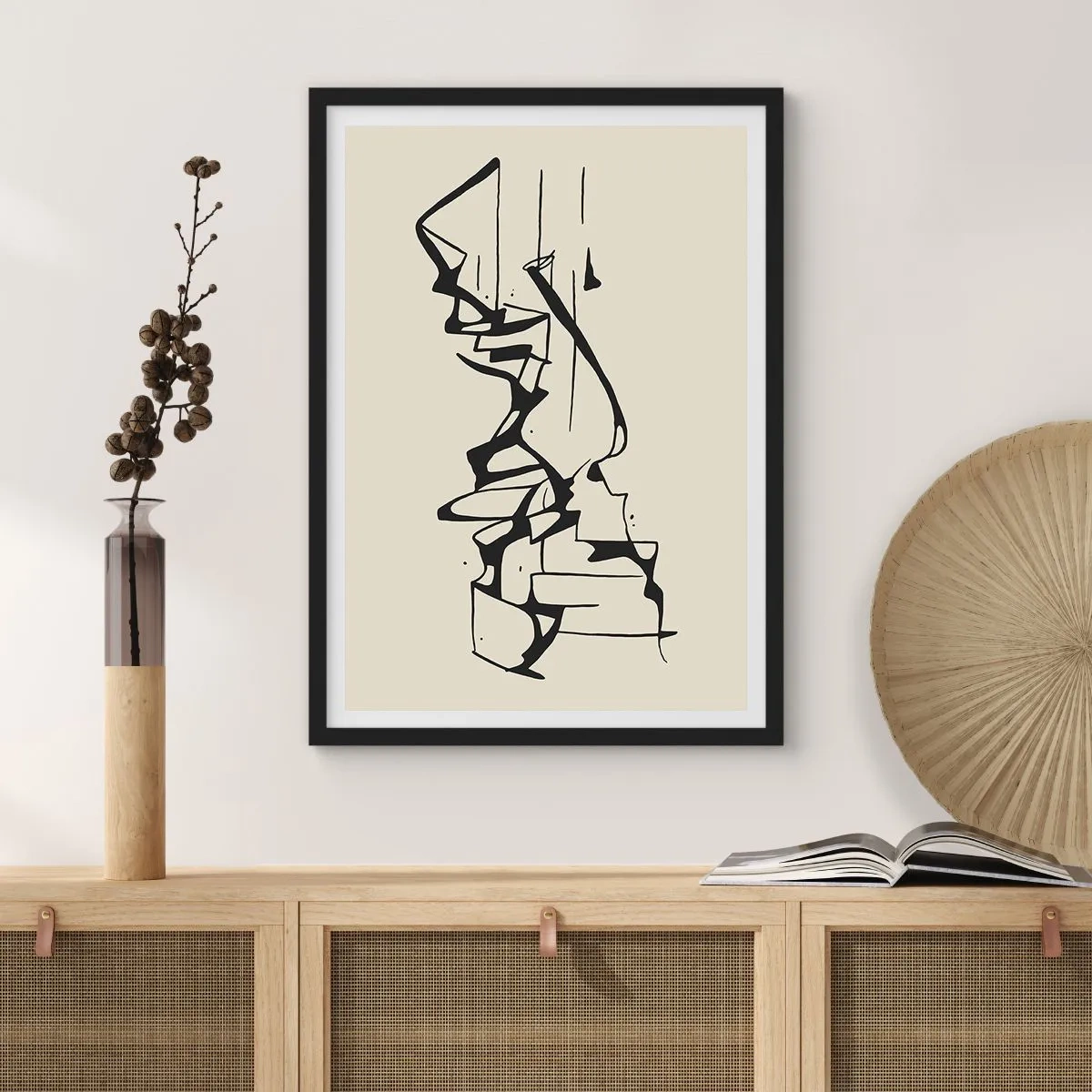 Affiche dans un cadre noir - Poster - Composition abstraite en noir et blanc de lignes et de formes - 50x70cm - Peut-être un paysage - Décoration murale moderne pour le salon et la chambre ARTTOR