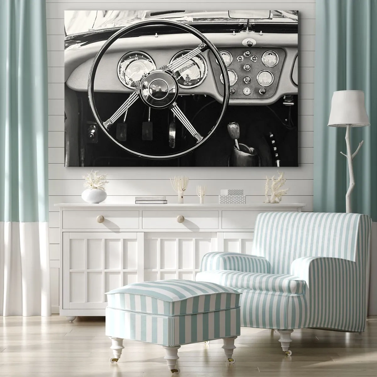Impression sur toile - Image sur toile - Intérieur de voiture classique noir et blanc - 100x70cm - Rêve de collectionneur - Décoration murale moderne pour le salon et la chambre ARTTOR