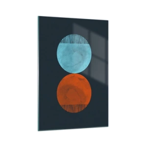 Impression sur verre - Image sur verre - Design minimaliste à deux roues en bleu et orange - 70x100cm - Seulement la géométrie ? - Décoration murale moderne pour le salon et la chambre ARTTOR