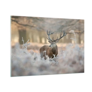 Impression sur verre - Image sur verre - Un cerf dans une clairière gelée entourée d'une forêt hivernale - 100x70cm - Une matinée animée - Décoration murale moderne pour le salon et la chambre ARTTOR