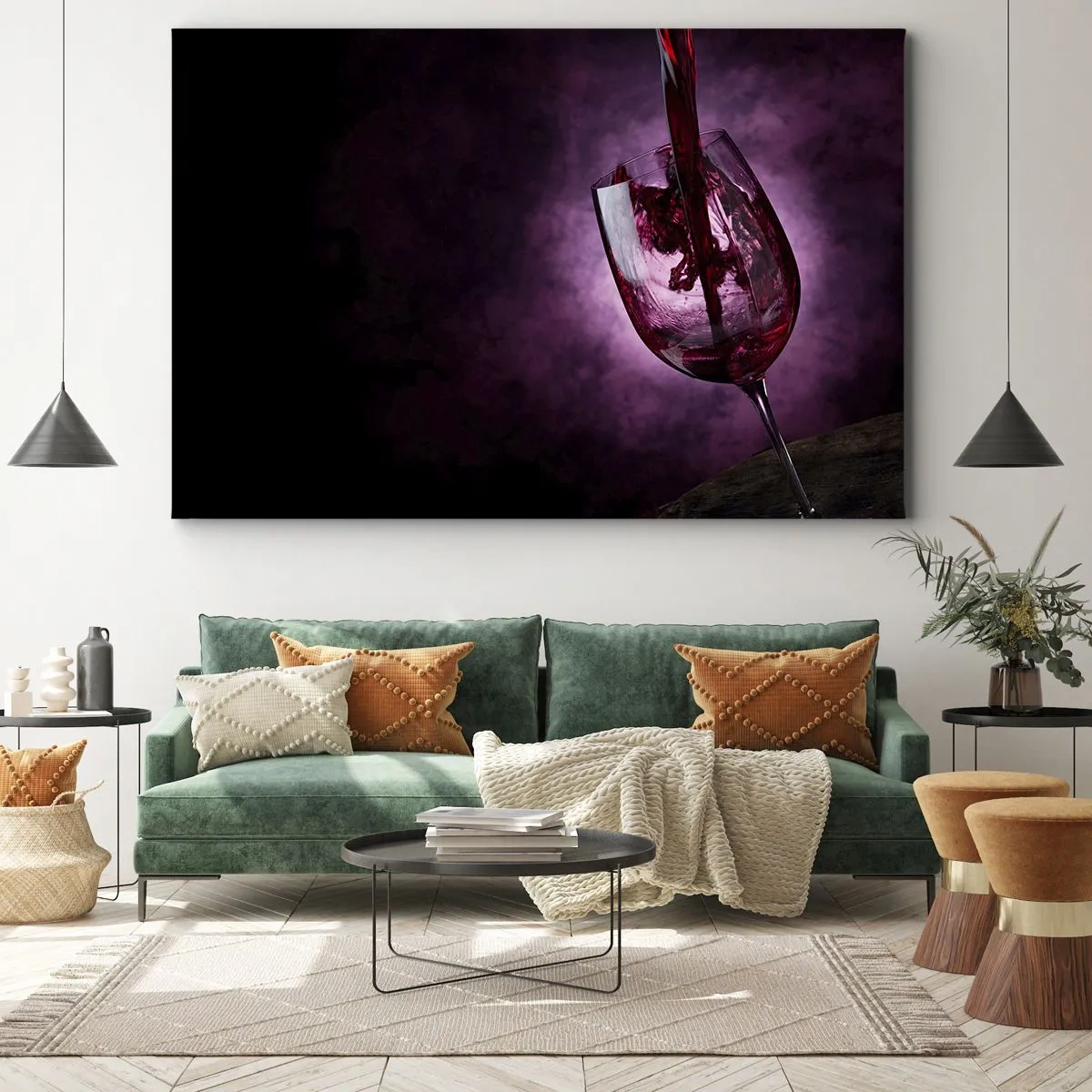 Impression sur toile - Image sur toile - Du vin rouge versé dans un verre sur fond de fumée violette - 70x50cm - Écarlate? Carmin? Non, rubis. - Décoration murale moderne pour le salon et la chambre ARTTOR