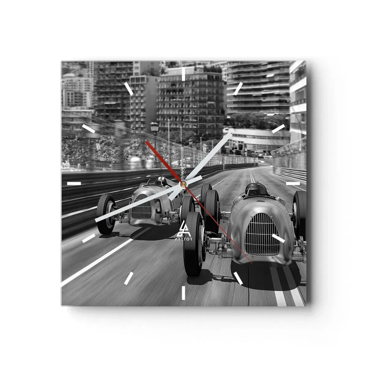 Horloge murale - Pendule murale - Scène de course automobile rétro monochrome - 30x30cm - Il y a longtemps à Monté Carlo - Décoration murale moderne pour le salon et la chambre ARTTOR
