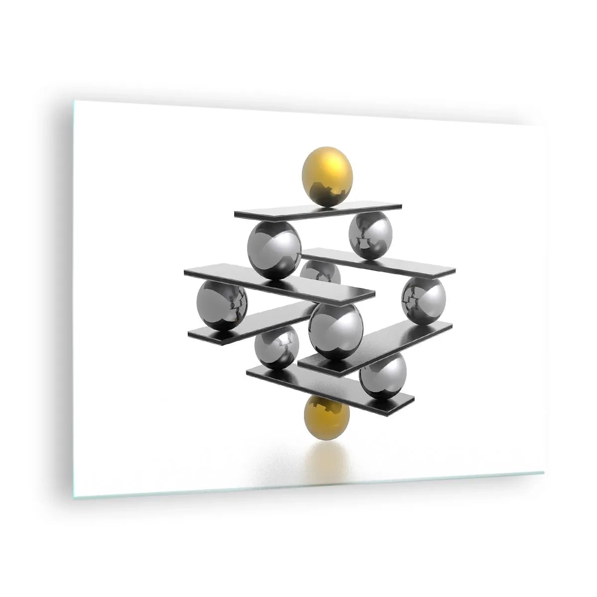 Impression sur verre - Image sur verre - Composition géométrique avec des boules et des plateformes sur fond blanc - 70x50cm - Balance d'or et d'argent - Décoration murale moderne pour le salon et la chambre ARTTOR