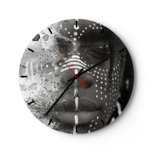 Horloge murale - Pendule murale - Portrait d'une personne avec une peinture faciale symbolique dans des tons de gris. - 30x30cm - Découvrez l'esprit primal - Décoration murale moderne pour le salon, la cuisine et la chambre ARTTOR