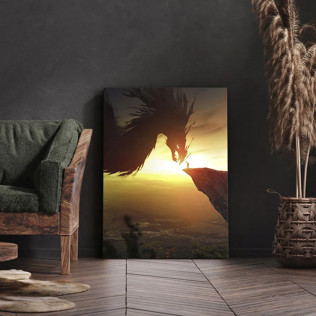 Impression sur toile - Image sur toile - Un dragon et un homme sur un rocher dans la lueur du soleil couchant - 50x70cm - Chasseur de dragon - Décoration murale moderne pour le salon et la chambre ARTTOR