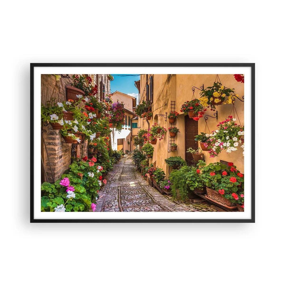 Affiche dans un cadre noir - Poster - Une charmante rue pleine de fleurs et de pots de fleurs - 100x70cm - Ruelle italienne - Décoration murale moderne pour le salon et la chambre ARTTOR