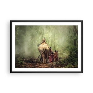 Affiche dans un cadre noir - Poster - Enfants avec un éléphant dans une forêt verte à la lumière du matin - 70x50cm - Nouveau livre de la jungle - Décoration murale moderne pour le salon et la chambre ARTTOR