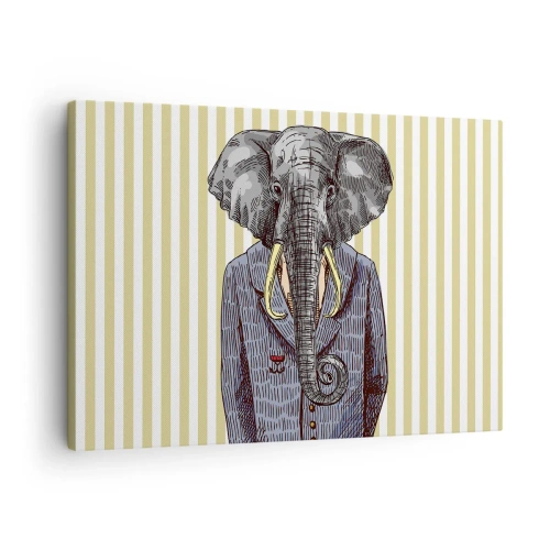 Impression sur toile - Image sur toile - Un éléphant en costume sur fond de rayures beiges - 70x50cm - Élégant par nature - Décoration murale moderne pour le salon et la chambre ARTTOR