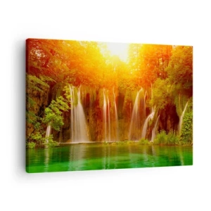 Impression sur toile - Image sur toile - Cascades entourées de verdure dans la lueur du soleil couchant - 70x50cm - Au soleil et à l'ombre - Décoration murale moderne pour le salon et la chambre ARTTOR