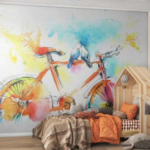 Papier Peint Photo Premium Sand - Vélo de style aquarelle coloré avec des oiseaux - 100x70cm - À deux en vélo - Décoration murale moderne pour le salon et la chambre ARTTOR