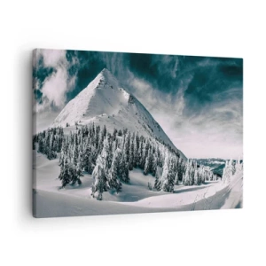 Impression sur toile - Image sur toile - Un sommet de montagne enneigé entouré d'une forêt hivernale - 70x50cm - Le pays de la neige et de la glace - Décoration murale moderne pour le salon et la chambre ARTTOR