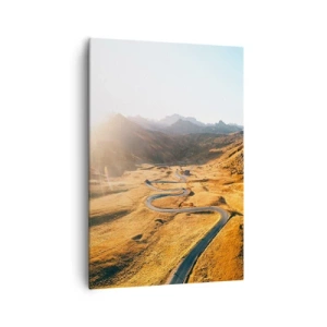 Impression sur toile - Image sur toile - Une route sinueuse dans les montagnes éclairée par le soleil couchant - 70x100cm - Dans une vallée dorée - Décoration murale moderne pour le salon et la chambre ARTTOR