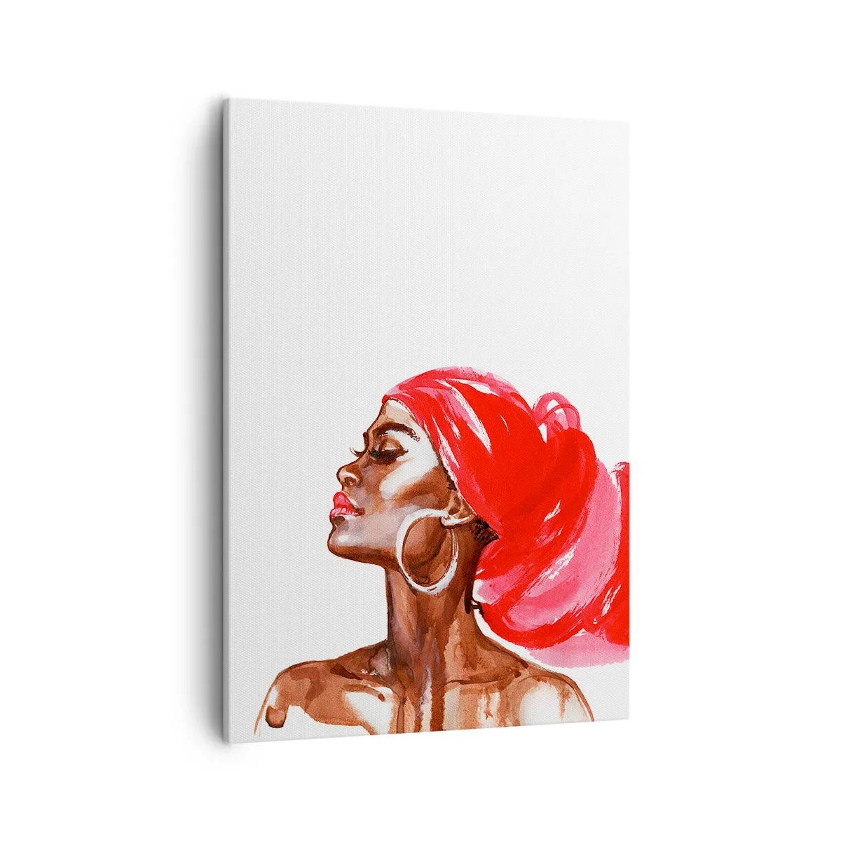 Impression sur toile - Image sur toile - Profil d'une femme avec un turban rouge et des boucles d'oreilles - 50x70cm - "Les cheveux dans le vent" - Décoration murale moderne pour le salon et la chambre ARTTOR